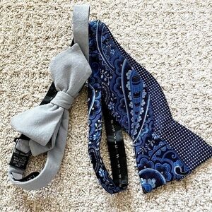 Dazi Men's Bowtie Soft Dusty Blue Grey Blue Jacquard Floral Polka Dot Lot of 2